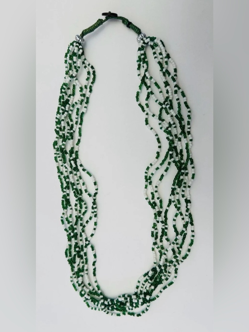 Handcrafted Green and White Seed Bead Multi-Strand Necklace